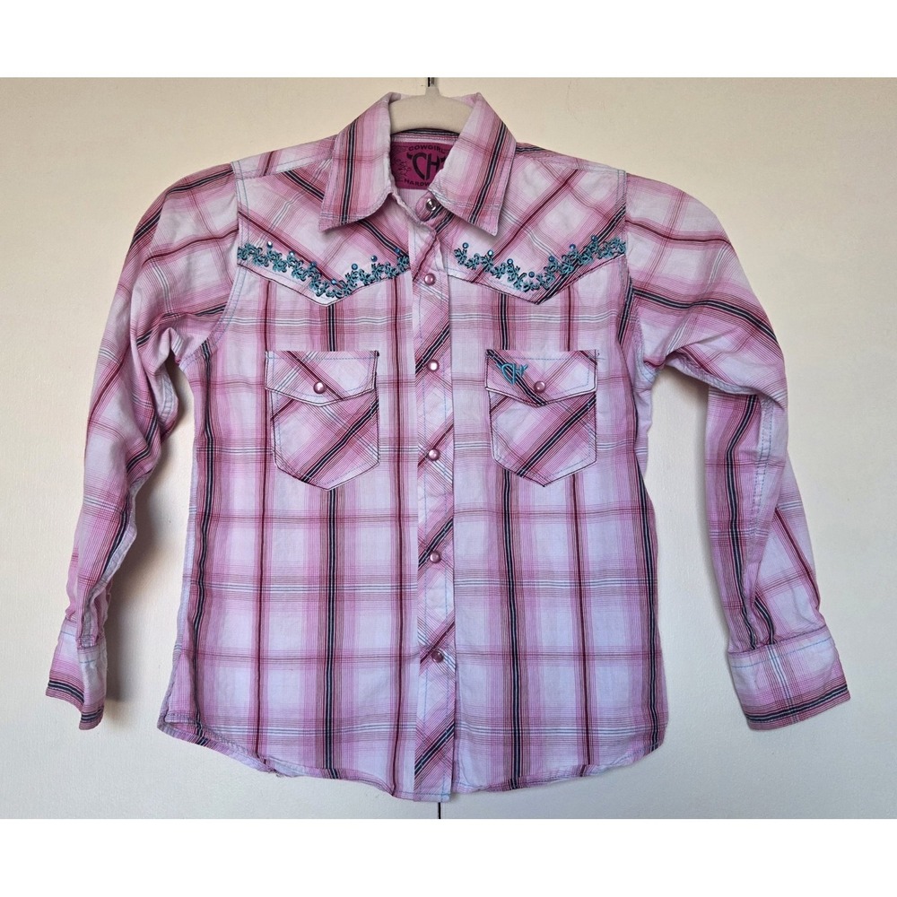 COWGIRL HARDWARE Girls Shirt Pink Plaid Snap Closure Sequin Embellishments Sz SM